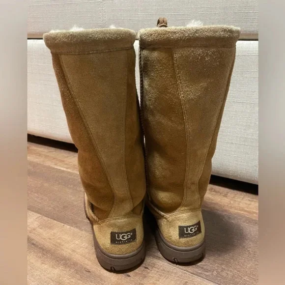 UGG vintage brown tan leather tall Drawatring boots sheepskin Platform Sherpa 9 - Picture 3 of 12